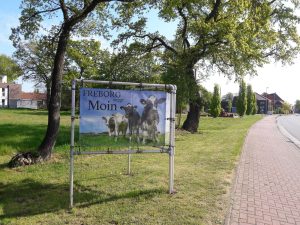 Werbeschild Friedeburg sagt Moin auf plattdeutsch dahinter Bäume und Grün
