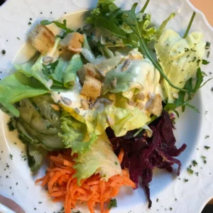 Bunter Beilagensalat auf dem Teller arrangiert
