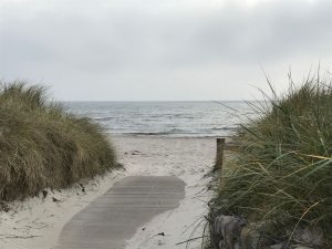 Steg zum Strand mit Blick auf das Meer und in die Dünen Ostfriesland