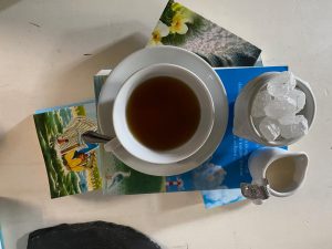 Teetasse Kandis Sahne auf Buch typisch ostfriesisch